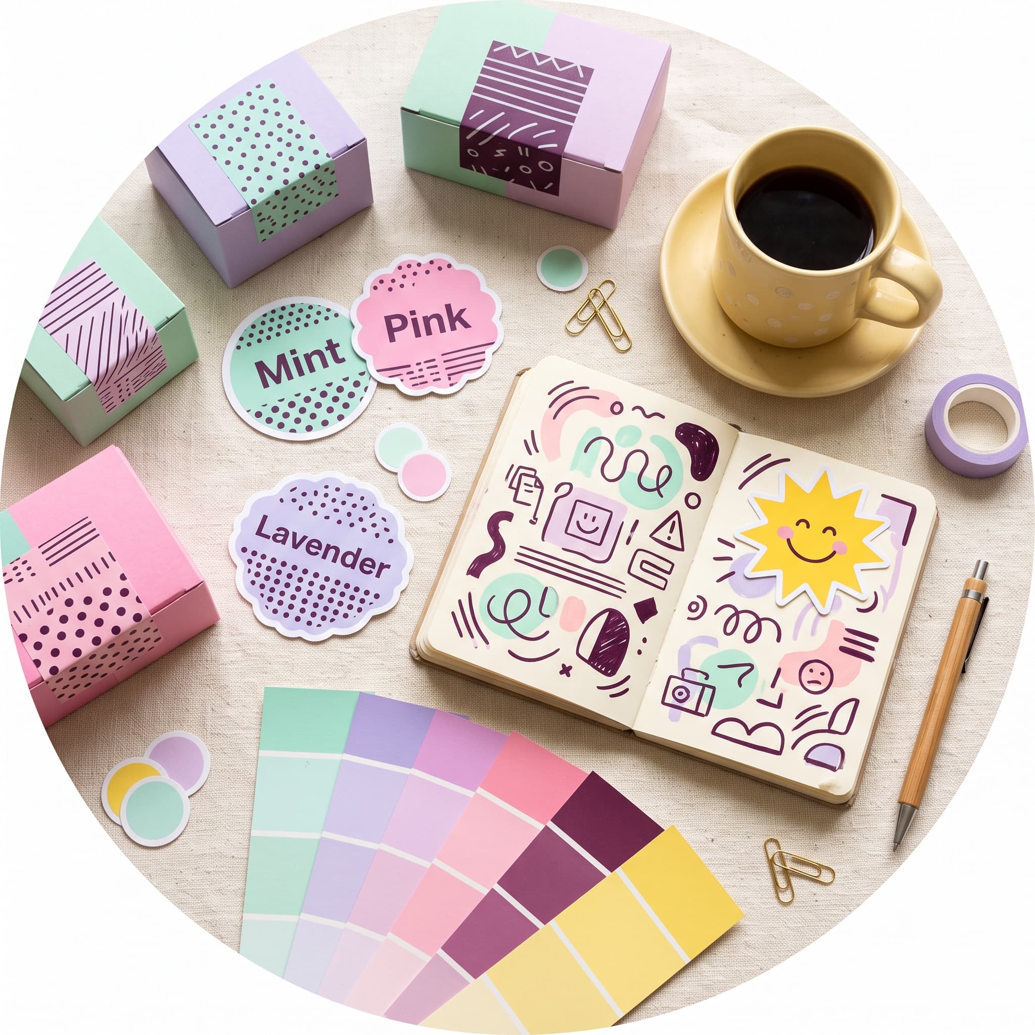 Playful flat lay of pastel packaging, stickers and color swatches